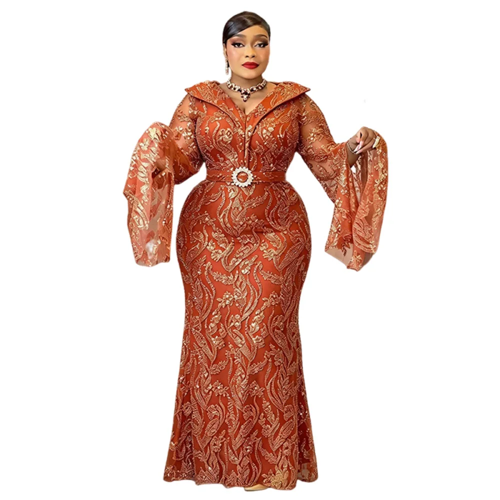 Plus Size African Party Long Dresses for Women Dashiki Sequin Christmas Sexy Bodycon Robe Elegant Muslim Wedding Evening Gown
