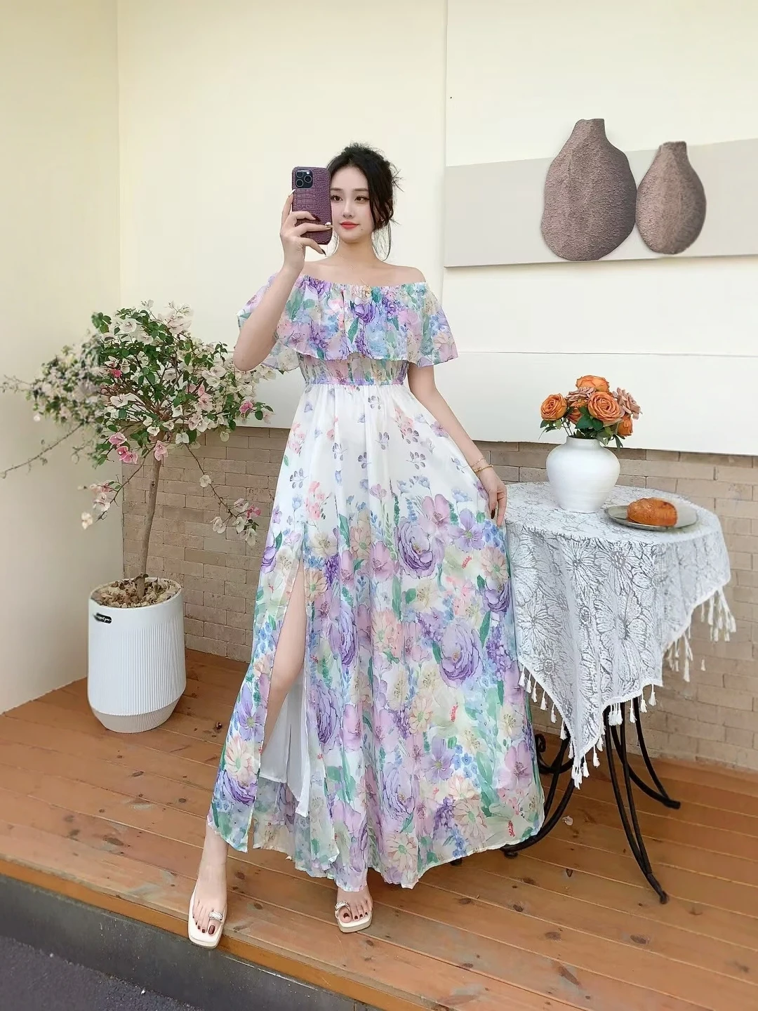 Vestido Largo Estampado Floral para Mujer Estilo Vacaciones en la Playa, Cuello Halter, Cintura Fruncida, Abertura Lateral, G...