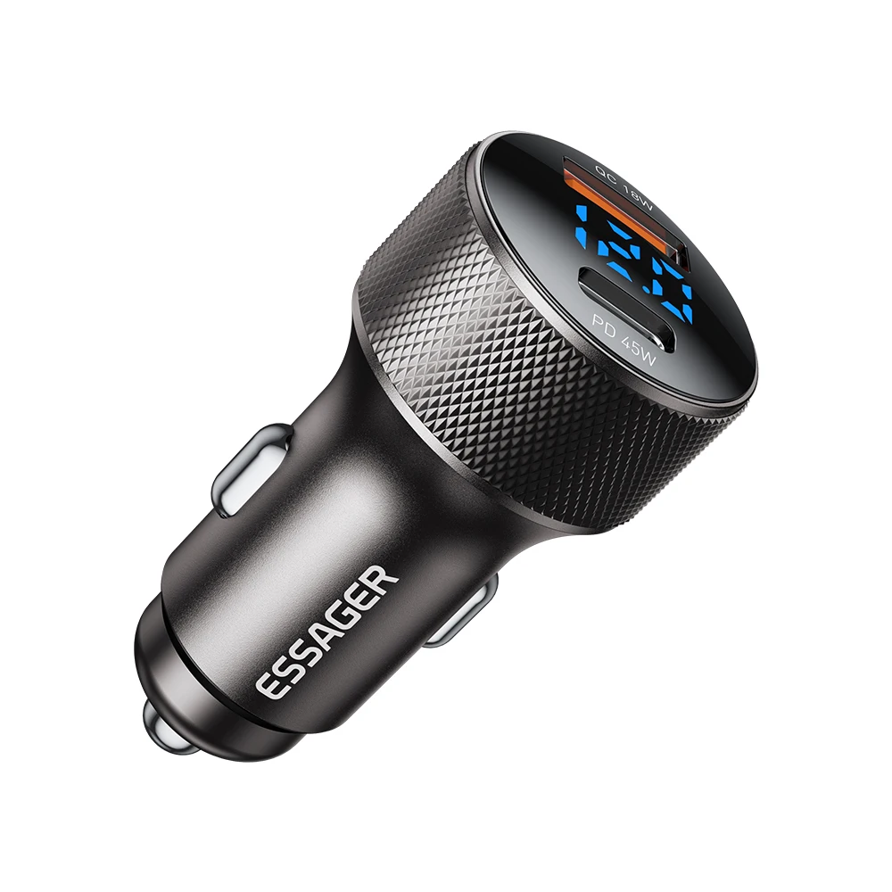 Essager USB C Autoladegerät 45 W 2 Ports PD3.0 QC3.0 Digitalanzeige Autotelefon-Ladegerät für iPhone 16 15 Xiaomi Huawei Samsung OPPO