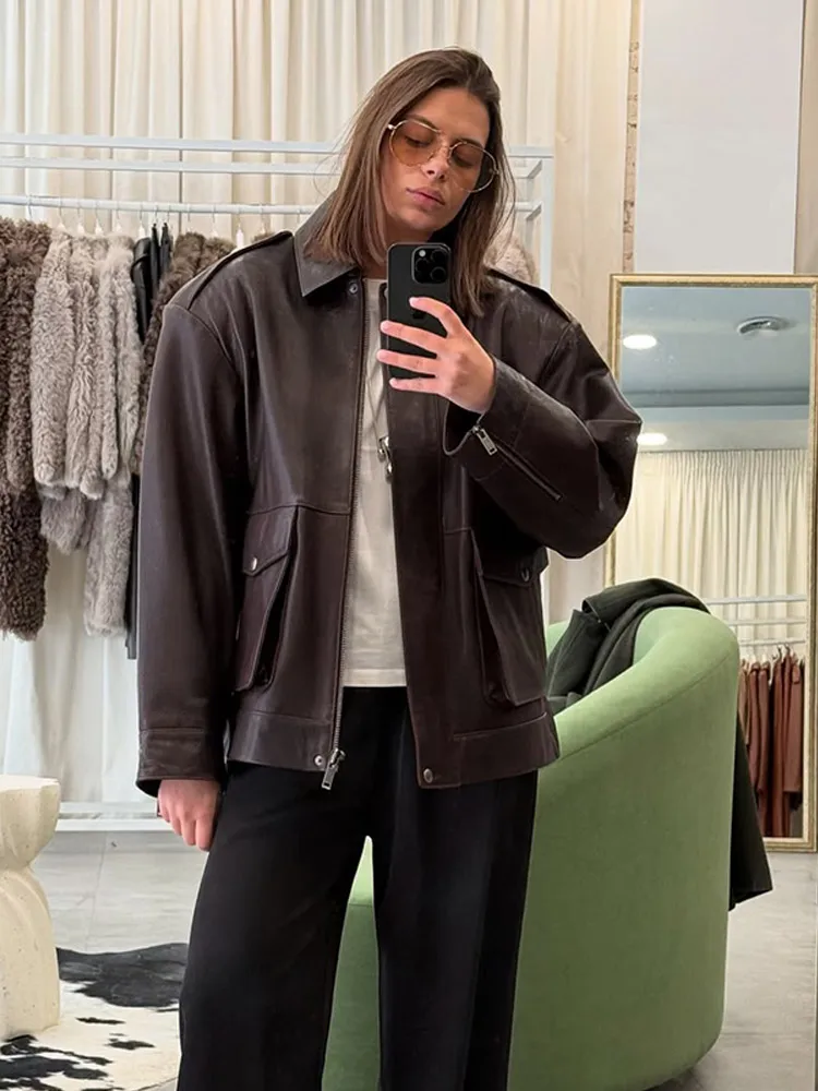 

Женские однотонные кожаные куртки с воротником с лацканами и карманами на молнии, куртка с длинными рукавами, женская новая шикарная повседневная праздничная уличная верхняя одежда 2025
