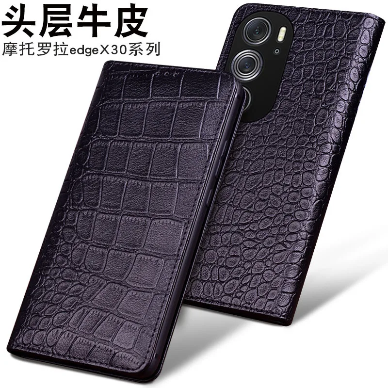 

Hot Luxury Genuine Leather Magnet Clasp Phone Cover Case For Motorola Moto Edge X30 Kickstand Holster Case Protective Full Funda