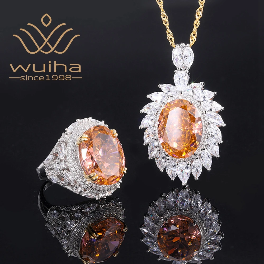 

WUIHA Luxury 925 Sterling Silver 12*16MM Padparadscha Corundum Ring/Pendant/Necklace Anniversary Fine Jewelry Set Drop Shipping