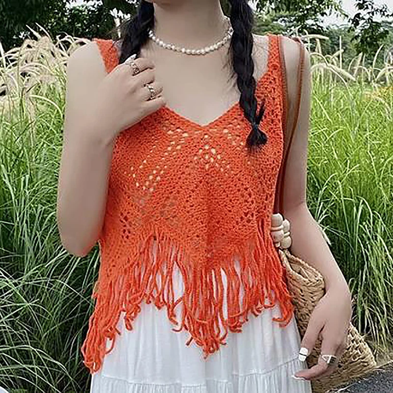 Women Knitted Hollow Out Embroidery Tank Top Summer Ethnic Style Retro V-neck Tassel Camisole