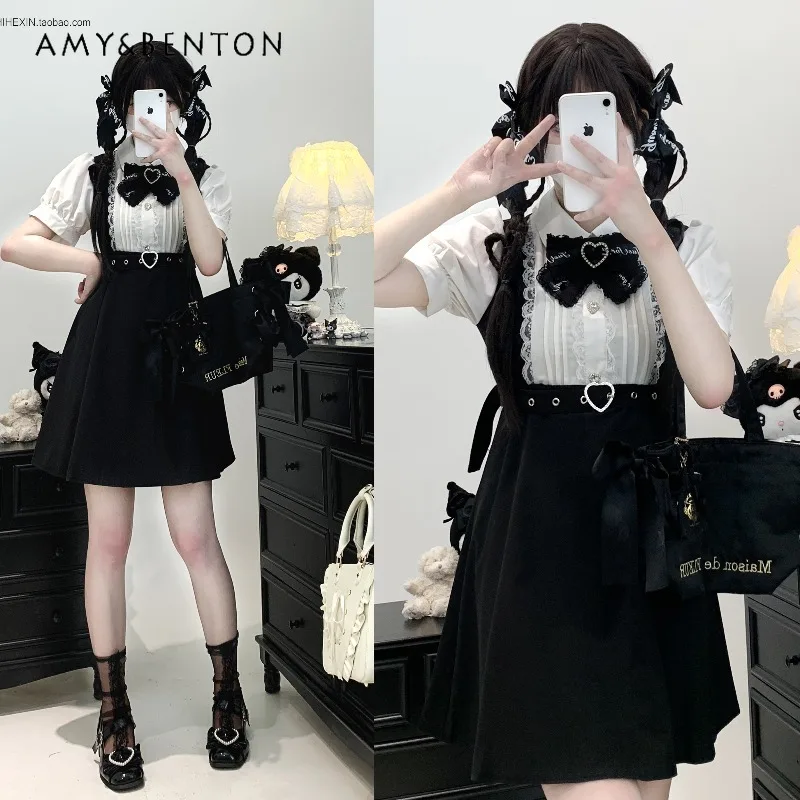 

Mine Series Mass-Produced Princess Atmosphere Dress Japanese Sweet Turn-Down Collar Short Sleeve Color Block Lace Mini Dress