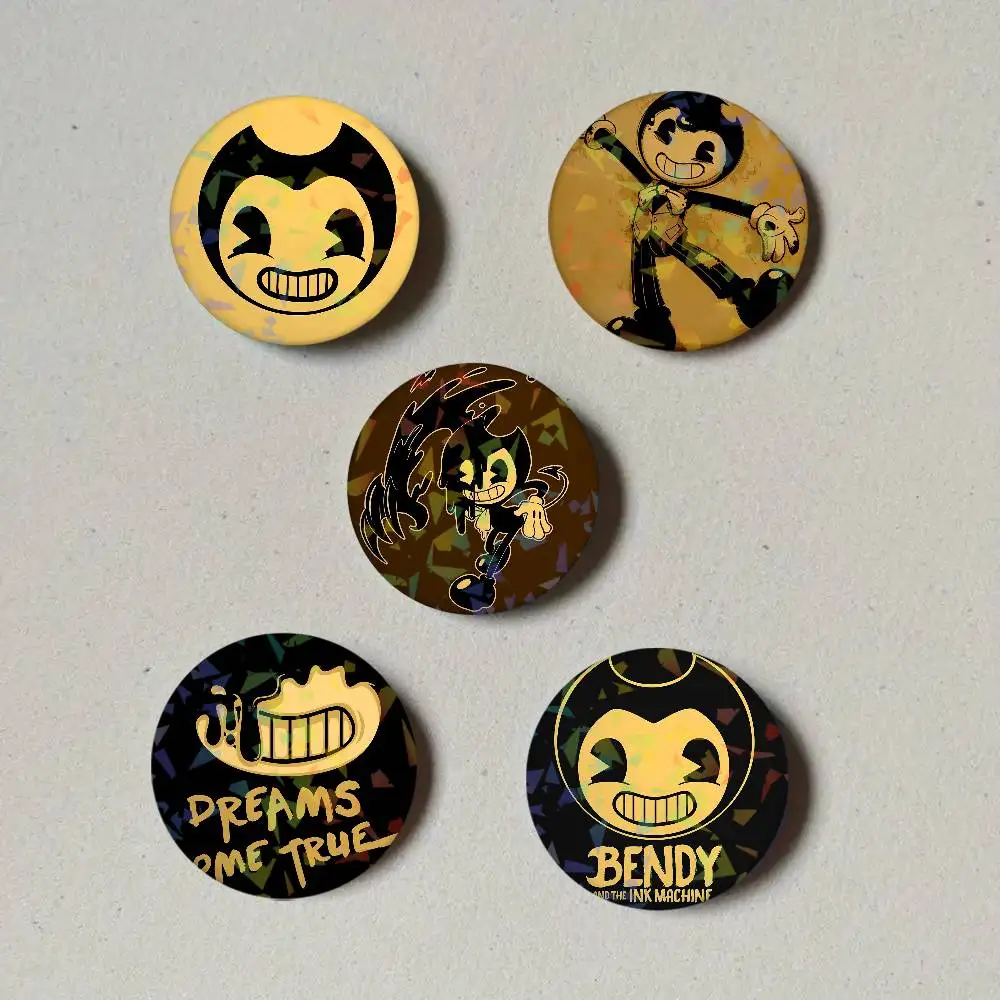 Game B-Bendy and the Ink Machine Round Laser Badge Brooch Clothes Backpack Accessories Lapel Decoration Gift