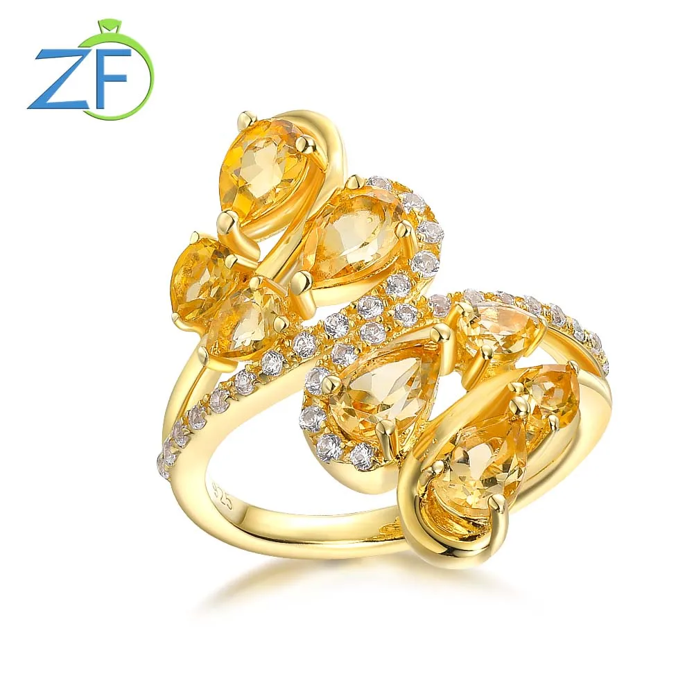 

GZ ZONGFA 925 Sterling Silve Ring for Women Natural Citrine Created White Sapphire Gems 14K Gold Plated Party Fine Jewelry