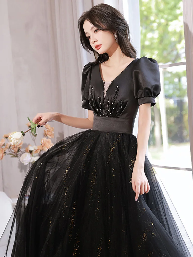 

Black Evening Dresses 2022 Temperament V-Neck Puff Sleeve Banquet Gowns Exquisite Beading Birthday Party Dress