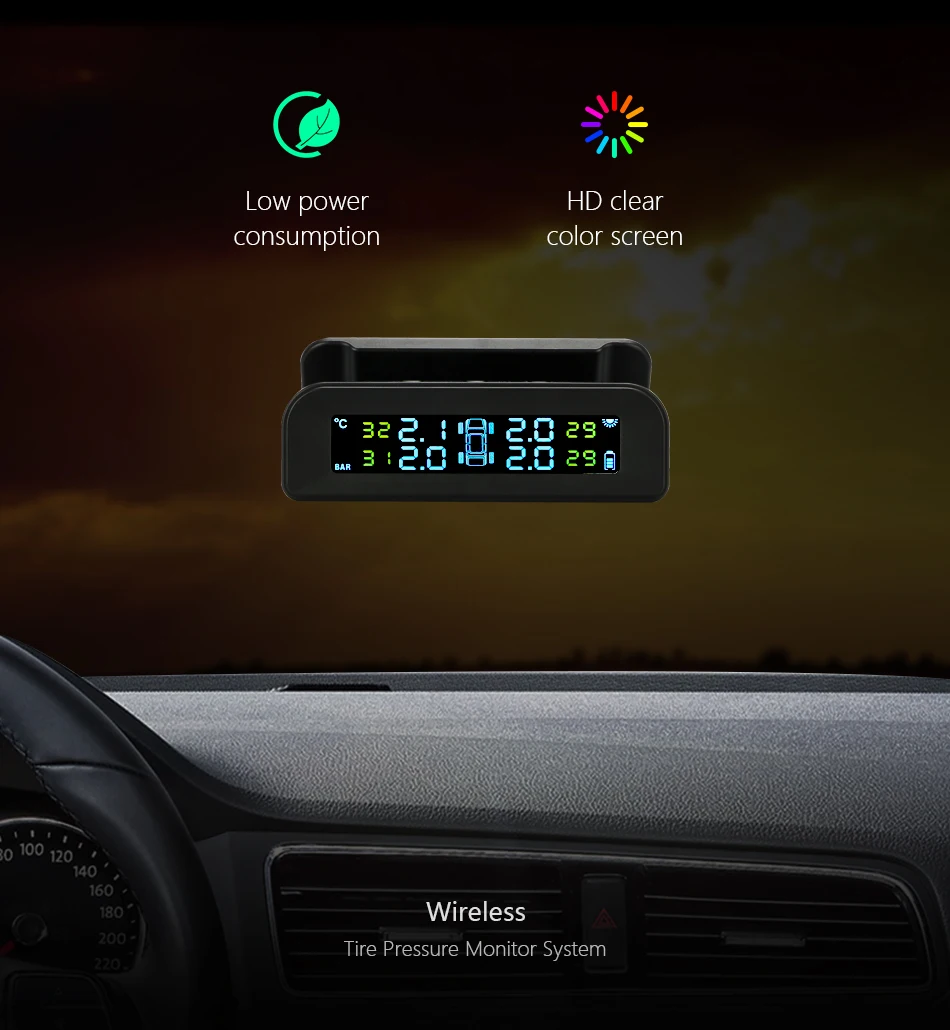 Smart car TPMS tire pressure monitoring system solar digital clock LCD display car tire pressure temperature safety alarm system