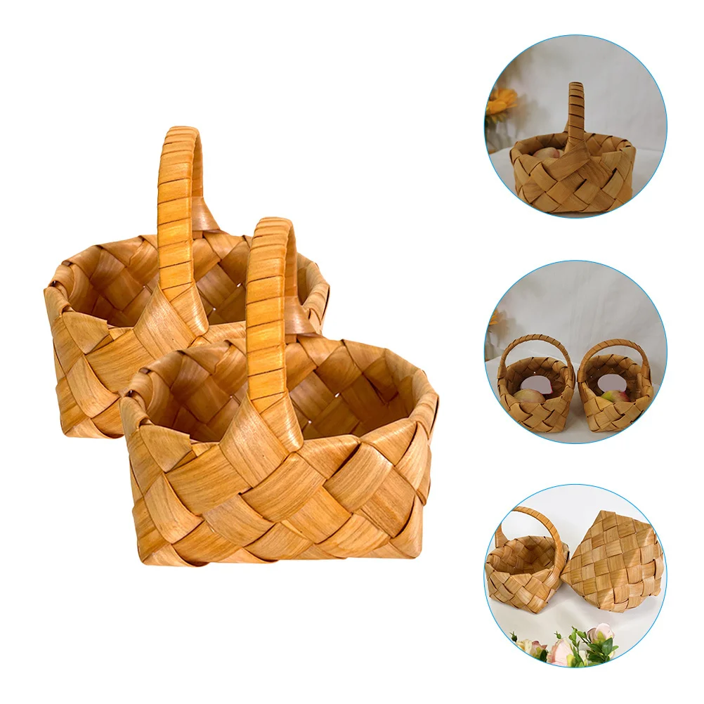 

2pcs Mini Flower Basket Wood Woven Handheld Storage Holder For Wedding Party Garden Home Decor Gift Portable Basket