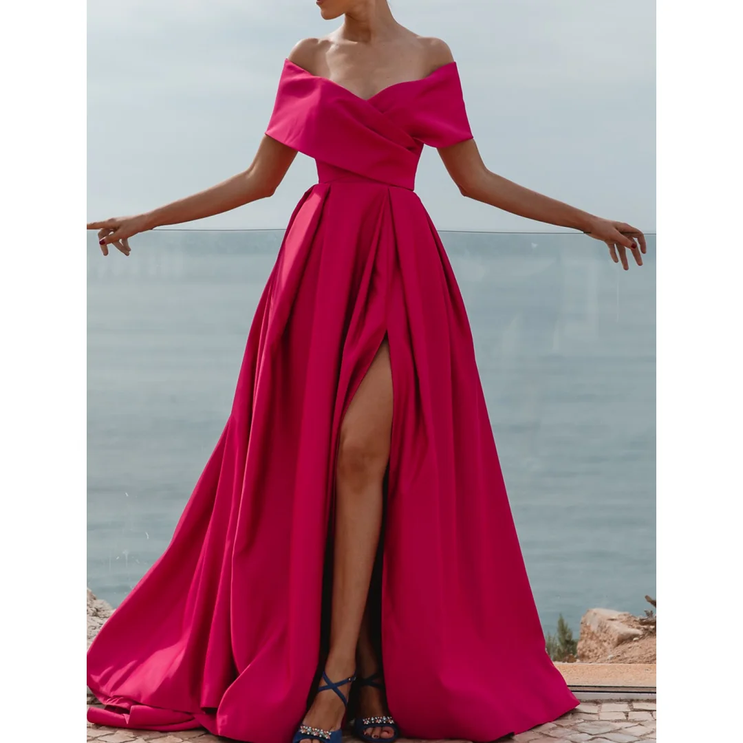 Satin Off the Shoulder Evening Dresses Fuchsia Sweetheart A-line High Split Backless Prom Dress Elegant Formal Women Party Dress