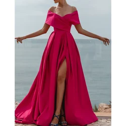 Abiti da sera in raso con spalle scoperte fucsia Sweetheart a-line abito da ballo senza schienale con spacco alto elegante abito da festa formale da donna