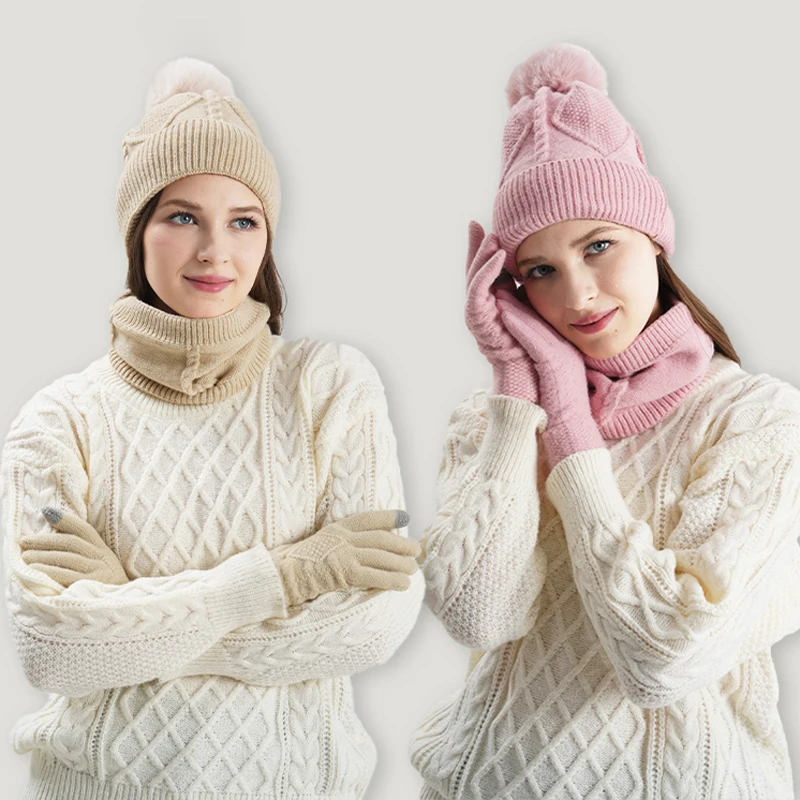 3종 여성 겨울 모자 스카프 터치스크린 장갑 털 볼 니트 비니 모자 넥 워머 세트 따뜻한 여성용 모자 십대 소녀 모자