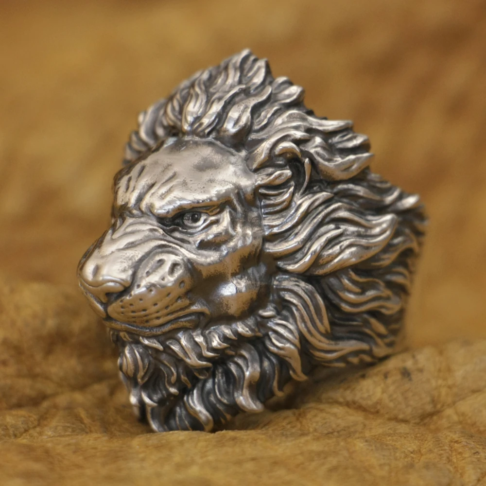 

LINSION 925 Sterling Silver Angry Lion Ring Mens Punk Ring TA383 Model M US Size 10