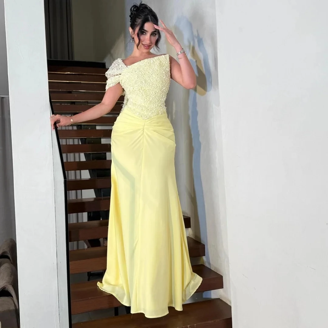 

Yellow Formal Party Long Bespoke Occasion Gown Evening Dresses Pastrol Unisex Jersey Retro Dubai Saudi Arabic Prom Customized