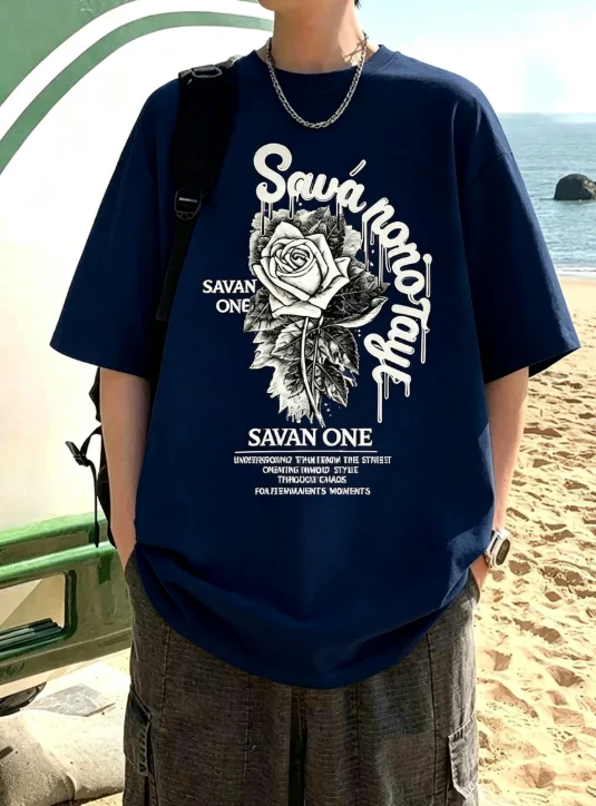 2026 Men Vintage Sketch Rose Flower Graphic T Shirt Drip Letter Slogan Chest Print Crewneck Tees Unisex White Oversized Short
