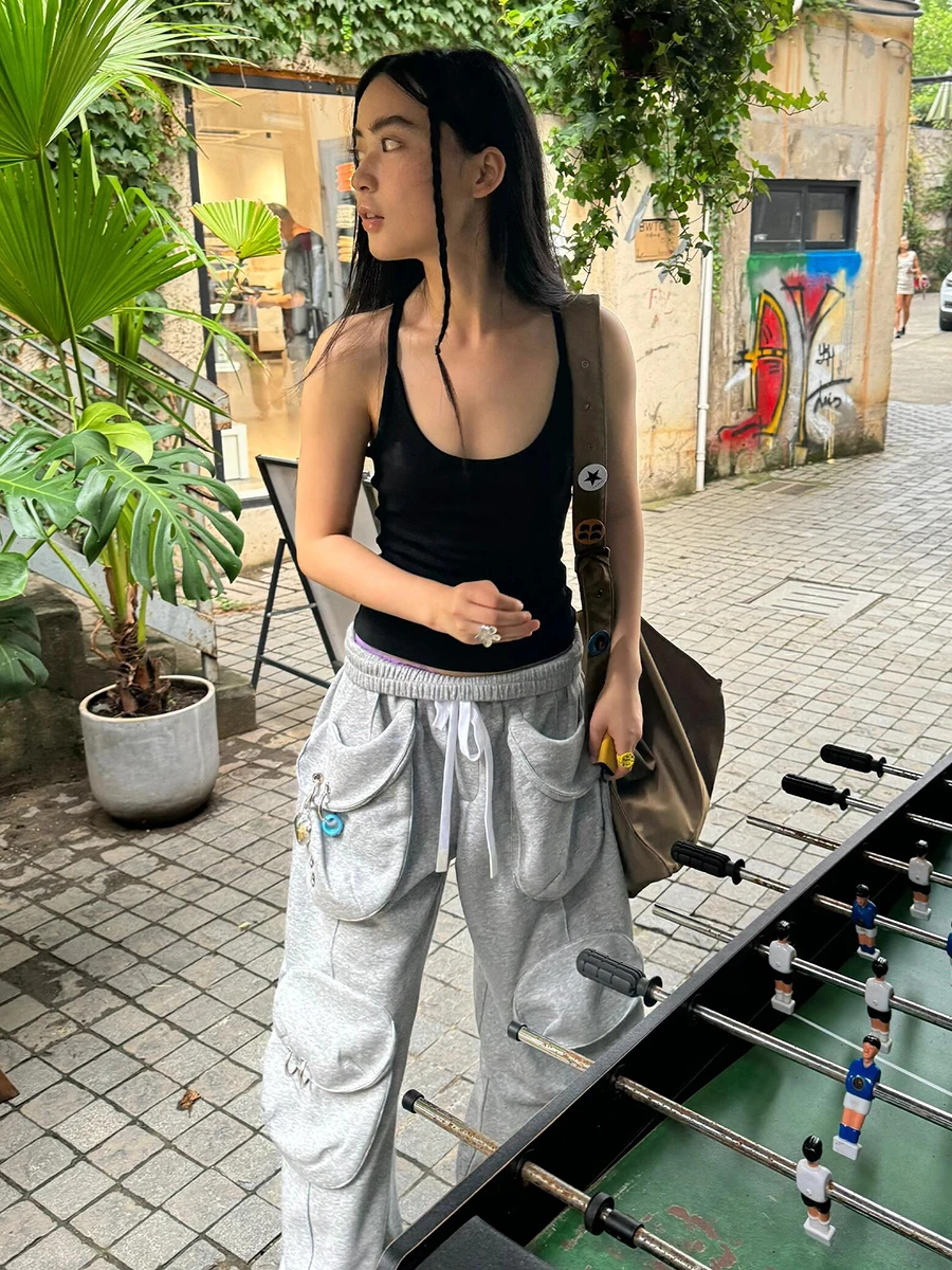 REDDACHiC Metal Concho Cargo Sweatpants Women Gray Plain Wide Leg Drawstring Elastic Wasit Lounge Pants Outdoor Sport Streetwear