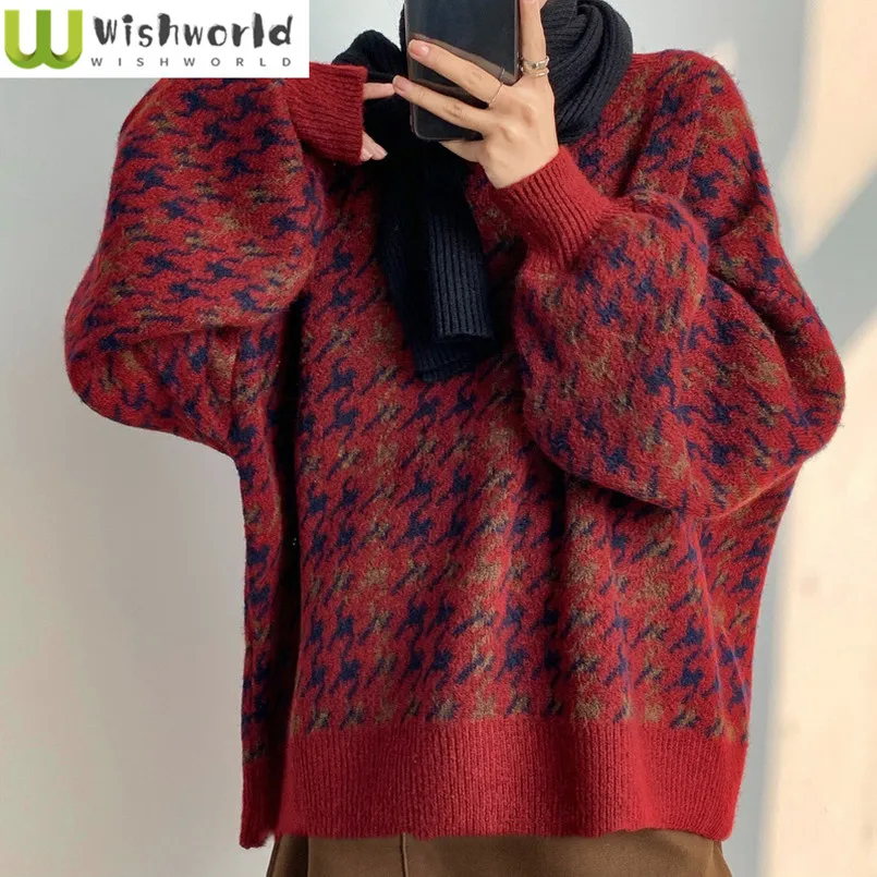 

Retro Knitted Women's Autumn/Winter New Korean Edition Women's Round Neck Hoodie Loose Long Sleeve Sweater for Women