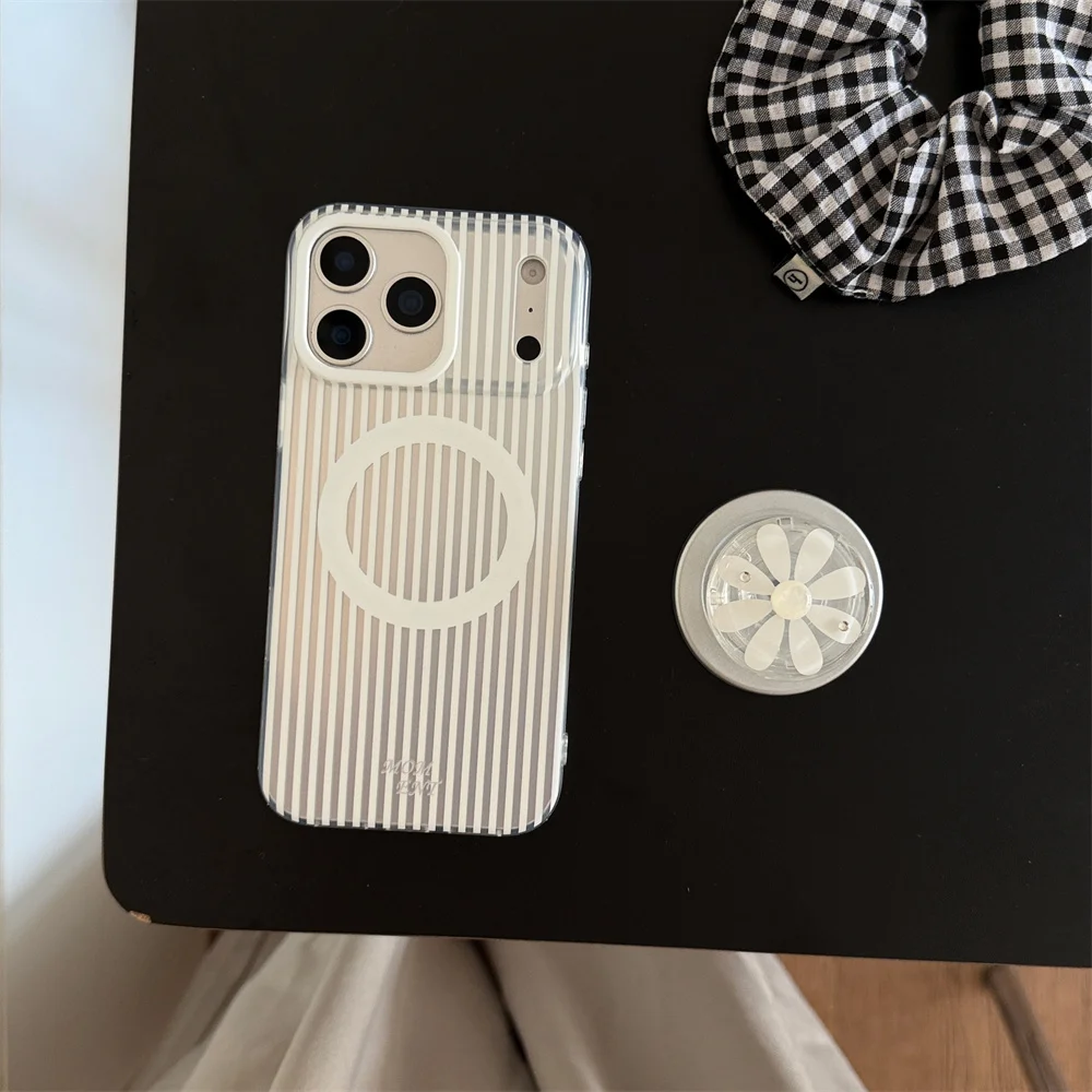 Ins Korean Phone Case For iPhone 17 Pro Max 16 15 Pro Max For MagSafe Vertical Striped Flower Holder Clear Shockproof Soft Cover
