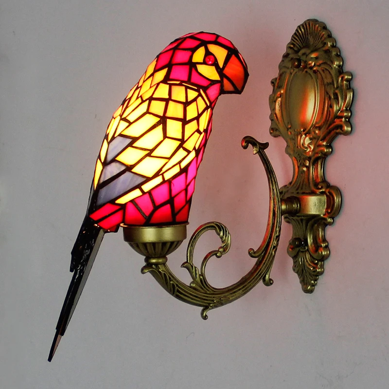 

Wall Lamp Mounted Sconce Fixture with cord bird parrot animal design handmade stained glass shade bedside home decor retro red