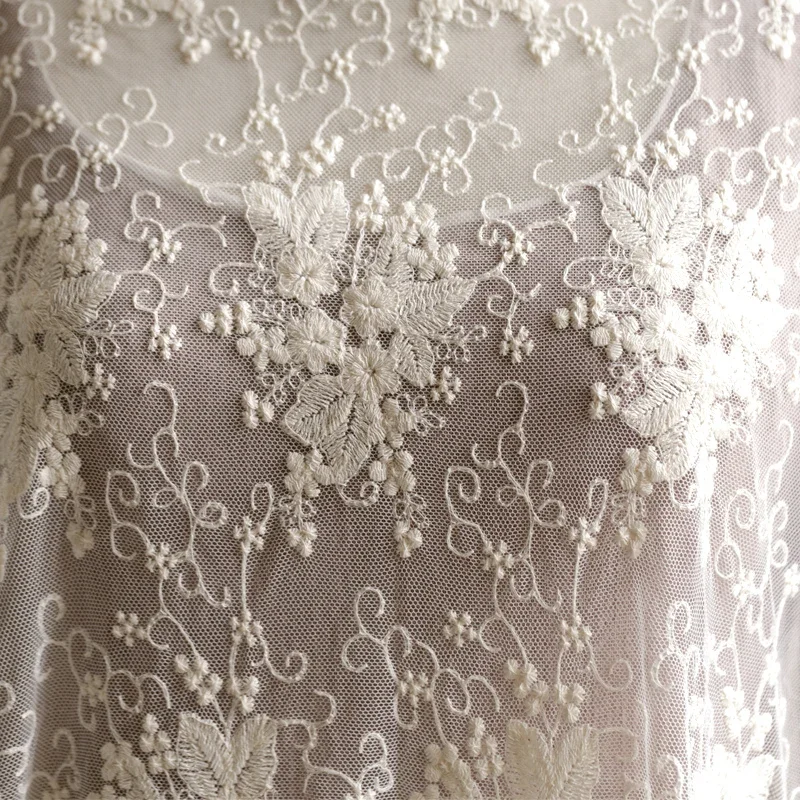 Soft Mesh Embroidery Beige Lace Fabric Dress Wedding Decoration Table Cloth Curtain Fashion Designer DIY for Sewing By The Meter