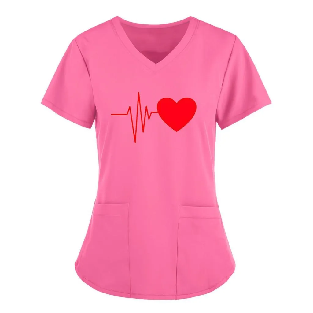 Uniforme de trabajo con estampado de bolsillo para mujer, de manga corta uniforme de enfermera, Tops de Spa con cuello en V, Túnica de cuidado de la salud