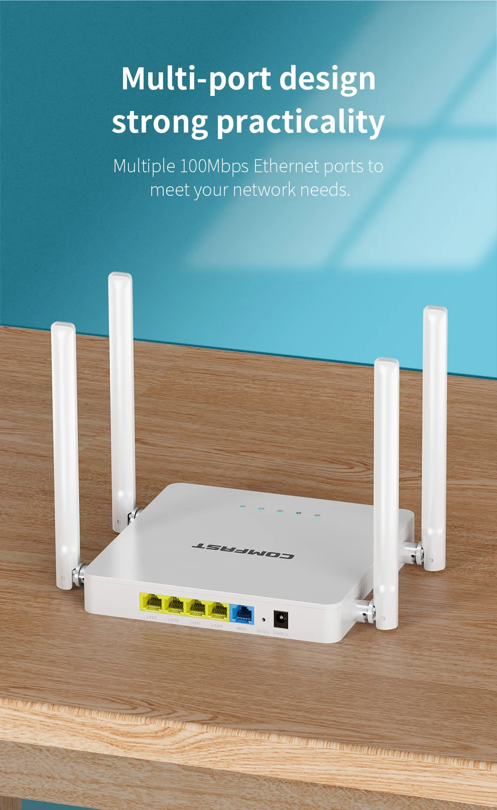 Comfast 300mbps roteador sem fio doméstico 2.4ghz 4*5 dbi antenas wps/botão de reinicialização qca9531/9533 chip 5*100mbps rj45 portas wan/lan