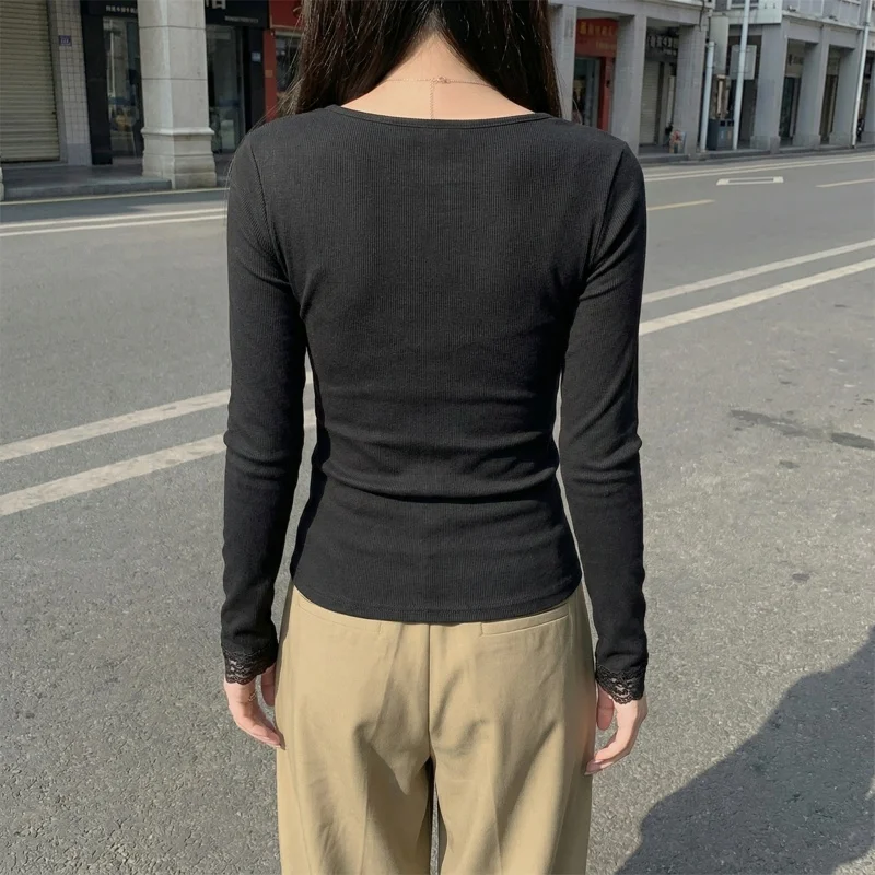 2026 Herbst Winter Damen T-Shirt V-Ausschnitt Spitzen-Top Weich Hautfreundlich Fleece-Gefüttert Langarm Thermo-T-Shirt für Layering – Detail 8