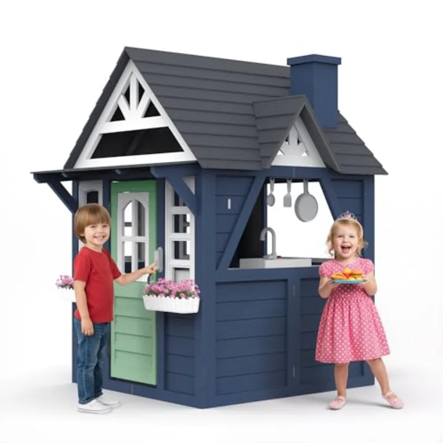 Outdoor kids playhouse: wooden, blue, large and sturdy with realistic kitchen, doorbell, flower pot, stove, sink, and clockidea