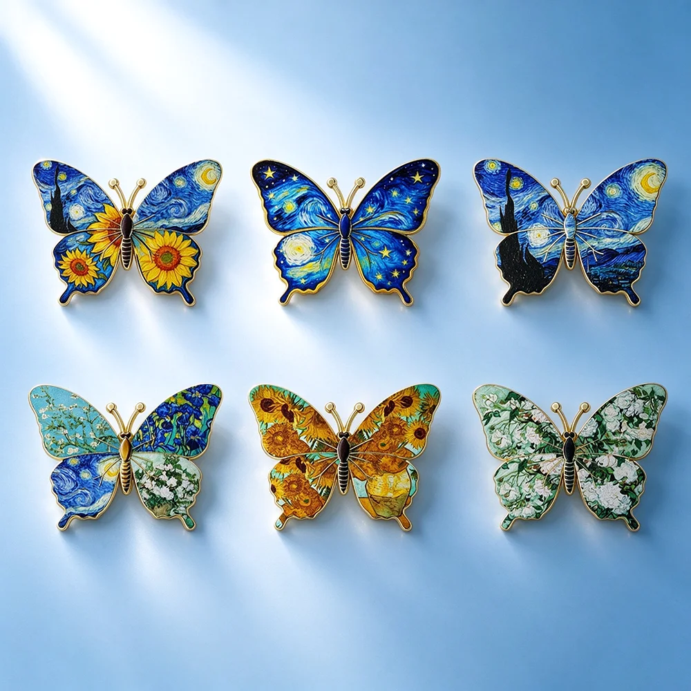 6Pcs Van Gogh Art Butterfly UV Color Printing Metal Lapel Brooches Badges for Backpack Art Lovers Collectible Pin, Friend Gift