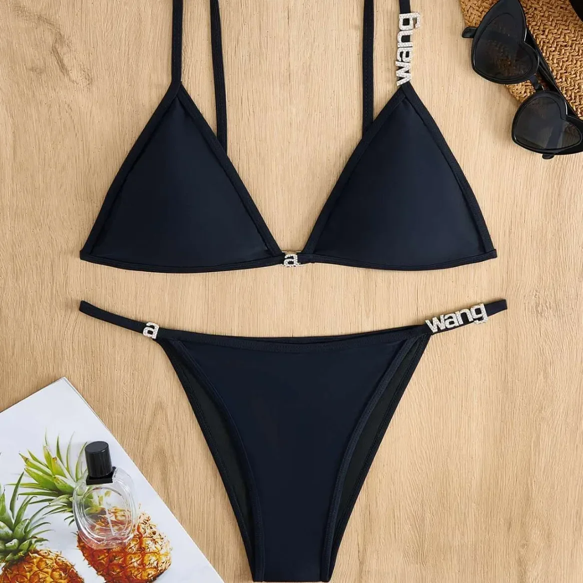 Sexy Ladies Bikini Set Pure Color Separate Diamond Triangle Package Cross-Border Swimsuit Women's Fashionable Swimwear