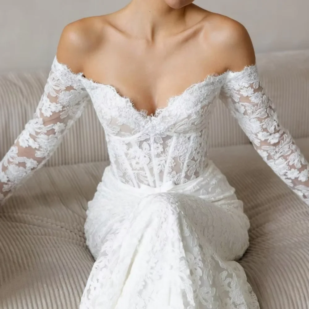 Abito da sposa in pizzo personalizzato sexy scollo a V sirena abiti da sposa pulsante posteriore classico lusso con spalle scoperte abiti da sposa Vestido De Novia