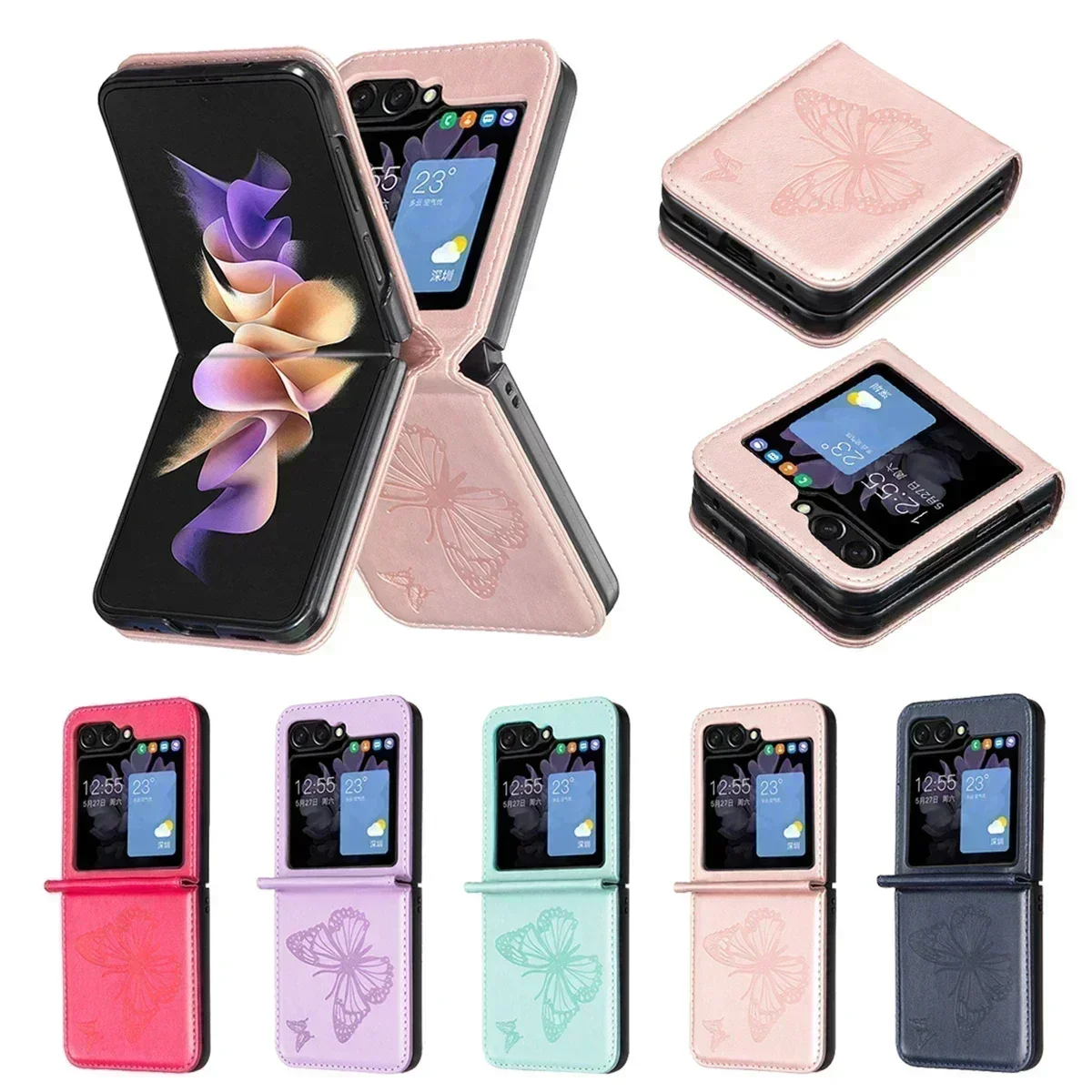 Wallet Butterfly Embossed Flip Cover Folding Screen Leather Case For Samsung Galaxy Z Flip5 High-grade Skin-Friendly Z Flip 5