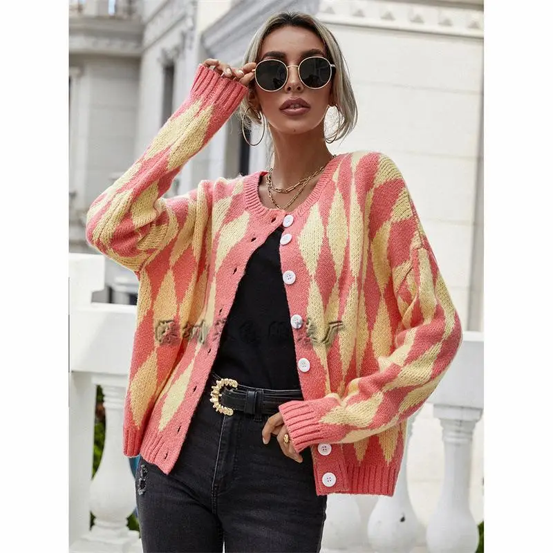 

Women's Knitted Print round Ne Sweater Single Button Autumn Winter Outerwear Long Sve Faionable Casual Sle