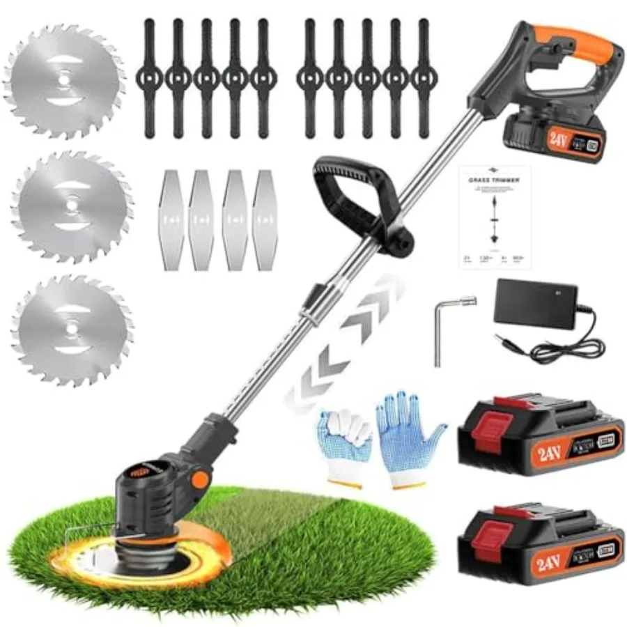 

Weed Wacker 24V Eater Battery Brush Cutter Electric Eater Battery Cordless stringles with 2 Batteries 1 Charger 3 Types Blades