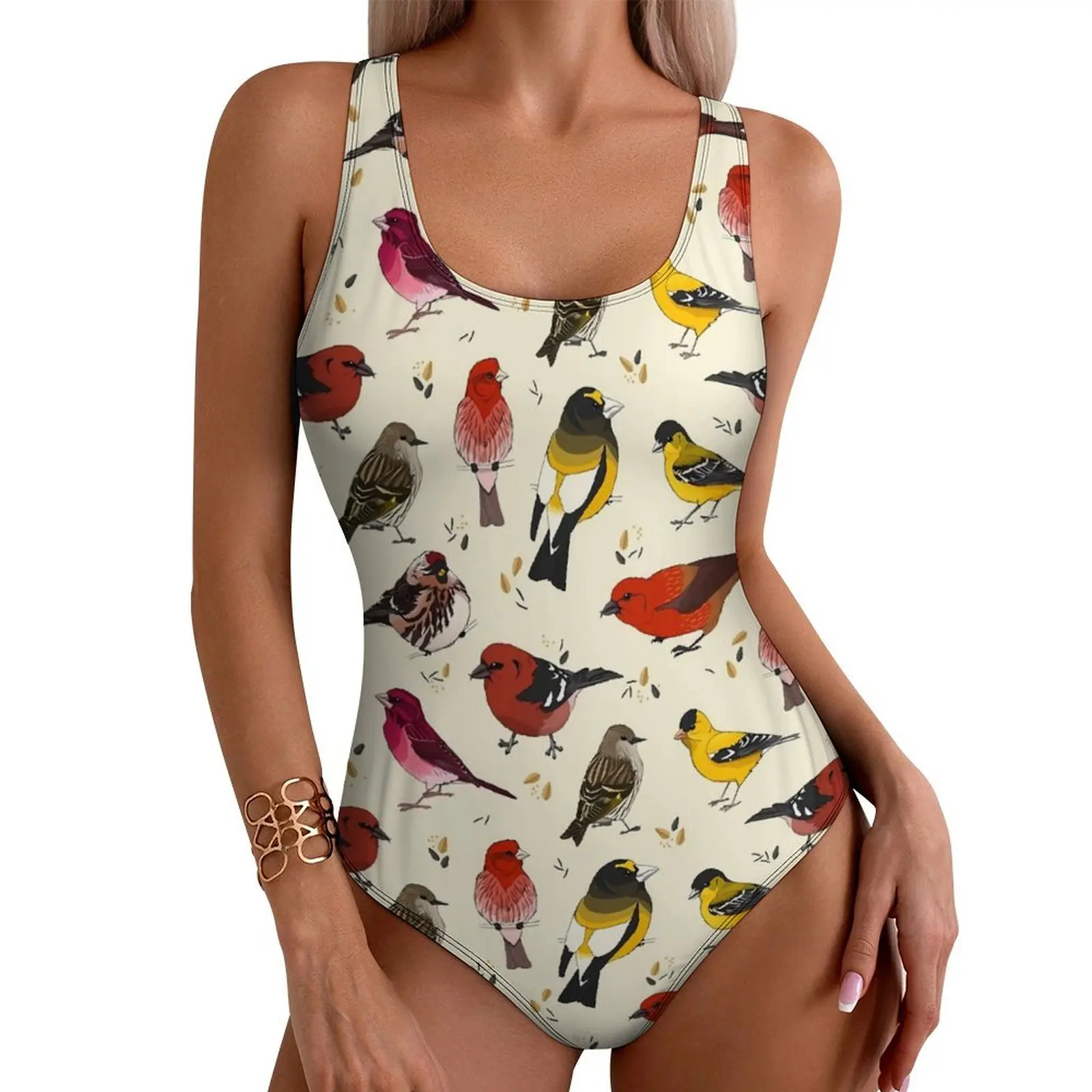 Pretty Bird Swimsuit Sexy North American Finches One-Piece Swimwear Push Up Bodysuit Trendy Holiday Surf Beach Outfits