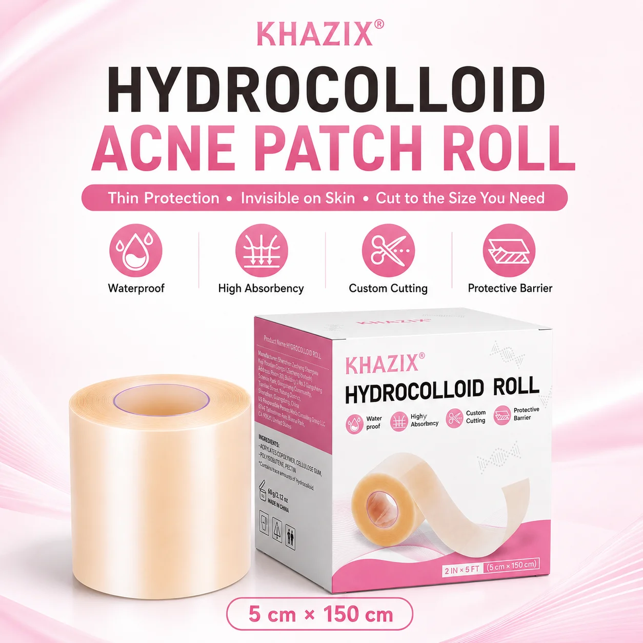 1 Rolle wasserbasiertes Kolloid-Akne-Pflaster-Rollpack – kann geschnitten und zuschneidbar werden – wasserfester und unsichtbarer Hautunreinheiten-Patch für die Gesichtspflege – Detail 4
