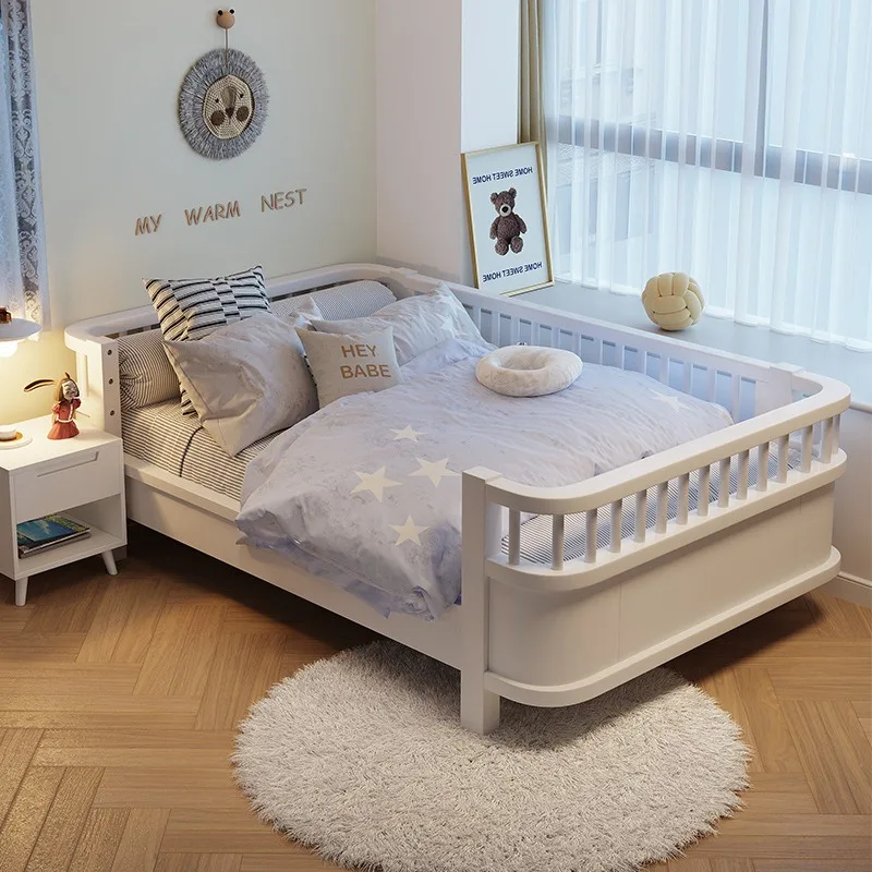 Solid wood bed with guardrail bed, girl princess splicing bed