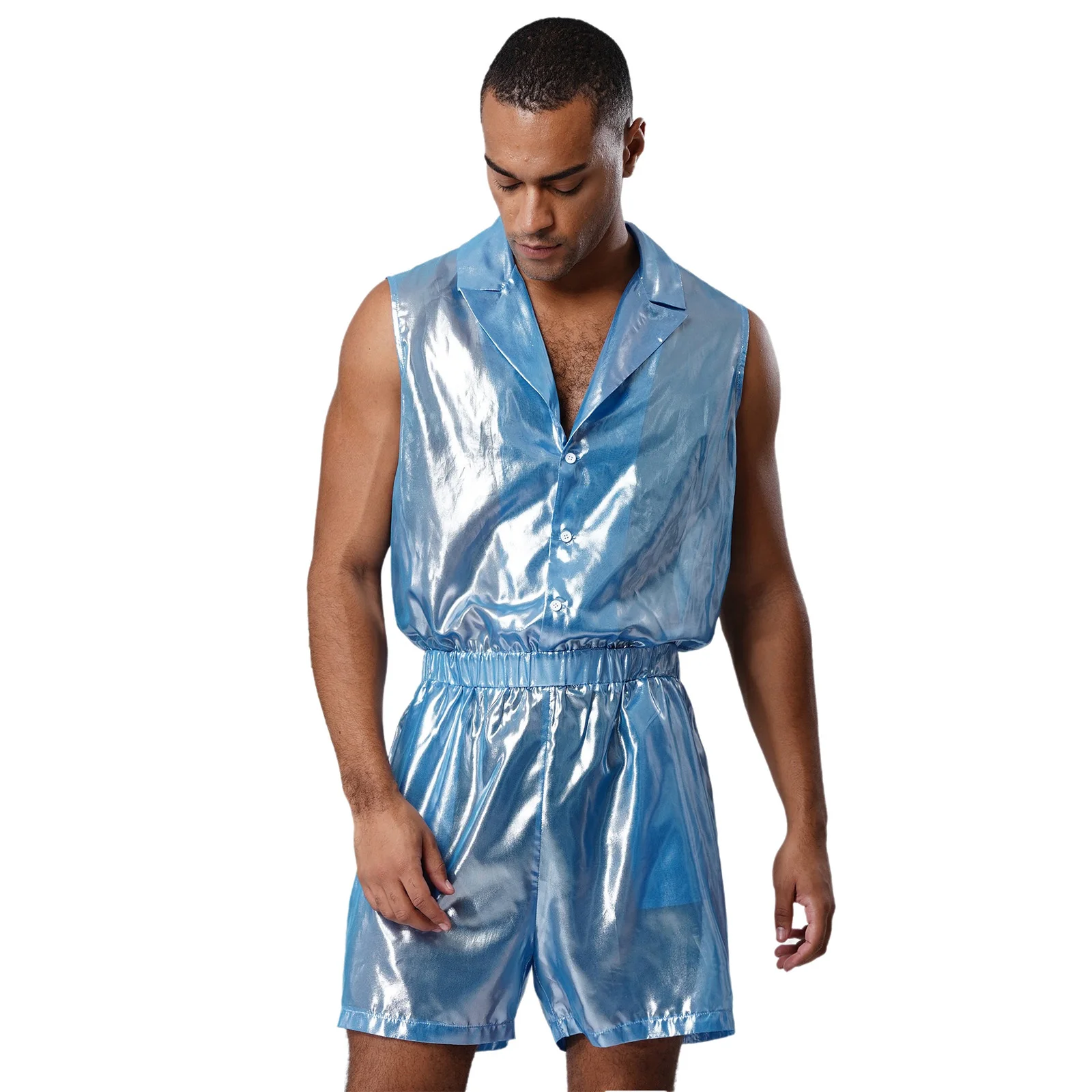 

Men See-Through Metallic Chiffon Jumpsuit Sleeveless Elastic Waist Bodysuit for Nightclub Pole Dancing Raves Party Pajamas