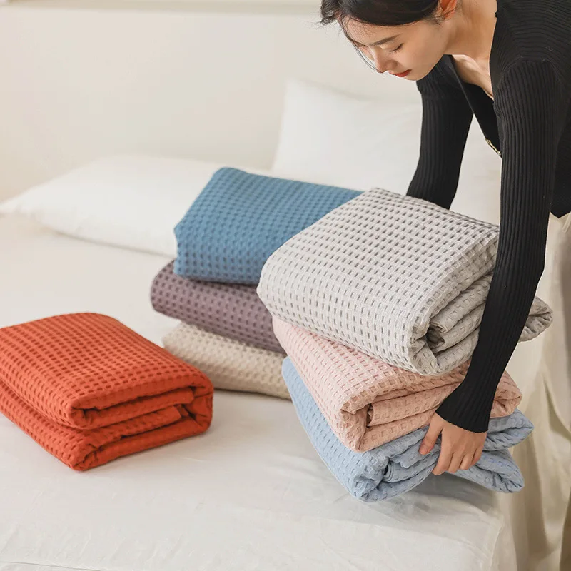 100% Cotton Blanket Queen Size,Waffle Weave Lightweight Blanket for Bed, Knit Woven Thin Breathable Waffle Bedding Decortion
