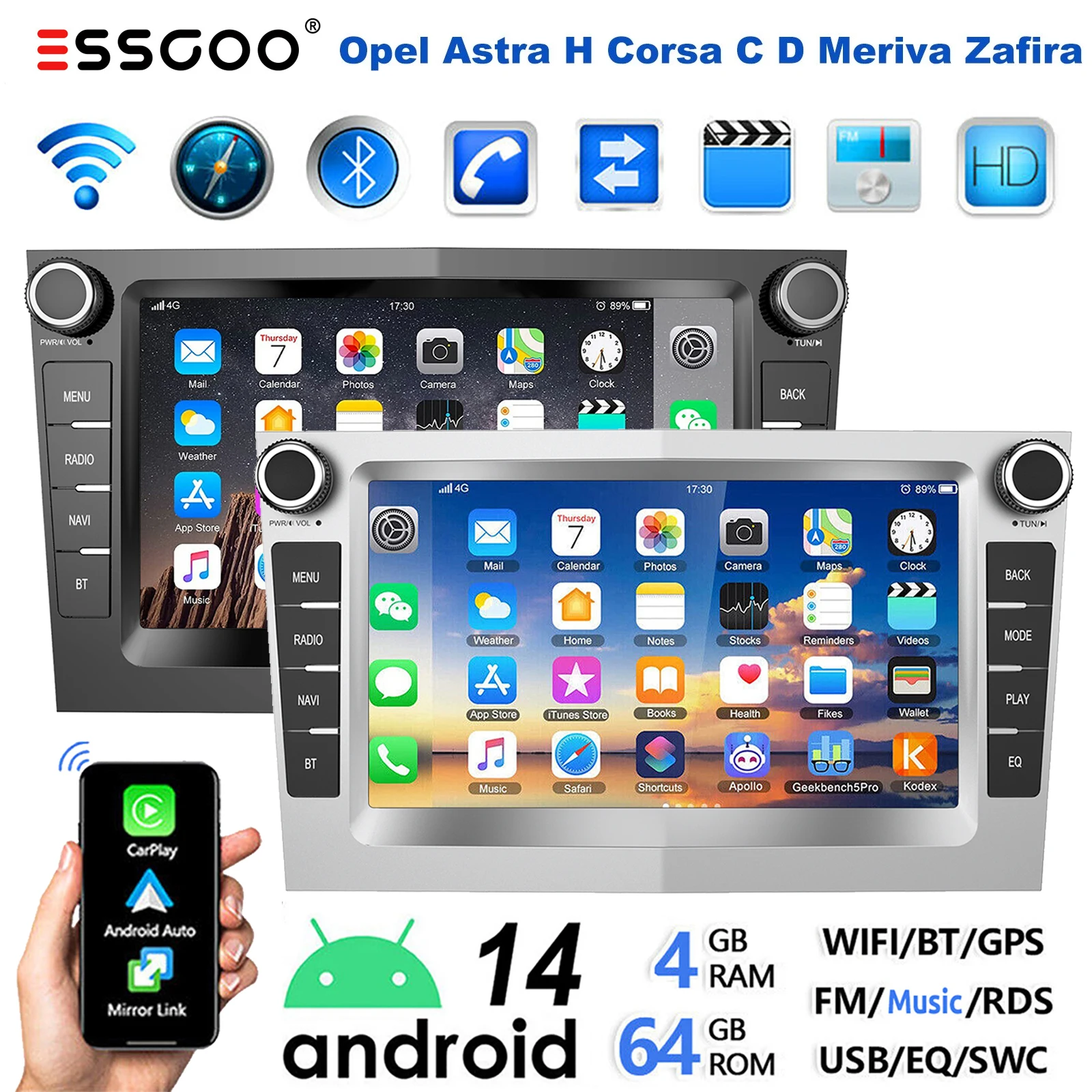 ESSGOO 7" Android 14 4+64G Autoradio Für Opel Vectra Corsa C D Astra H G Zafira B Meriva A Combo Signum mit Wireless Apple Carplay GPS Navigation WiFi FM RDS Bluetooth Touchscreen USB Equalizer