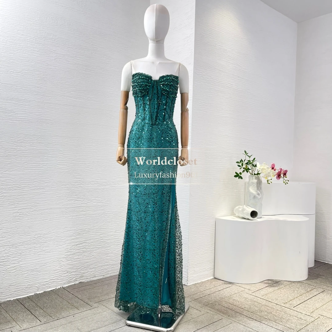 

2025 New Beautiful Blue Sleeveless Sequin Beading Slit Hem Backless Tube Maxi Dress
