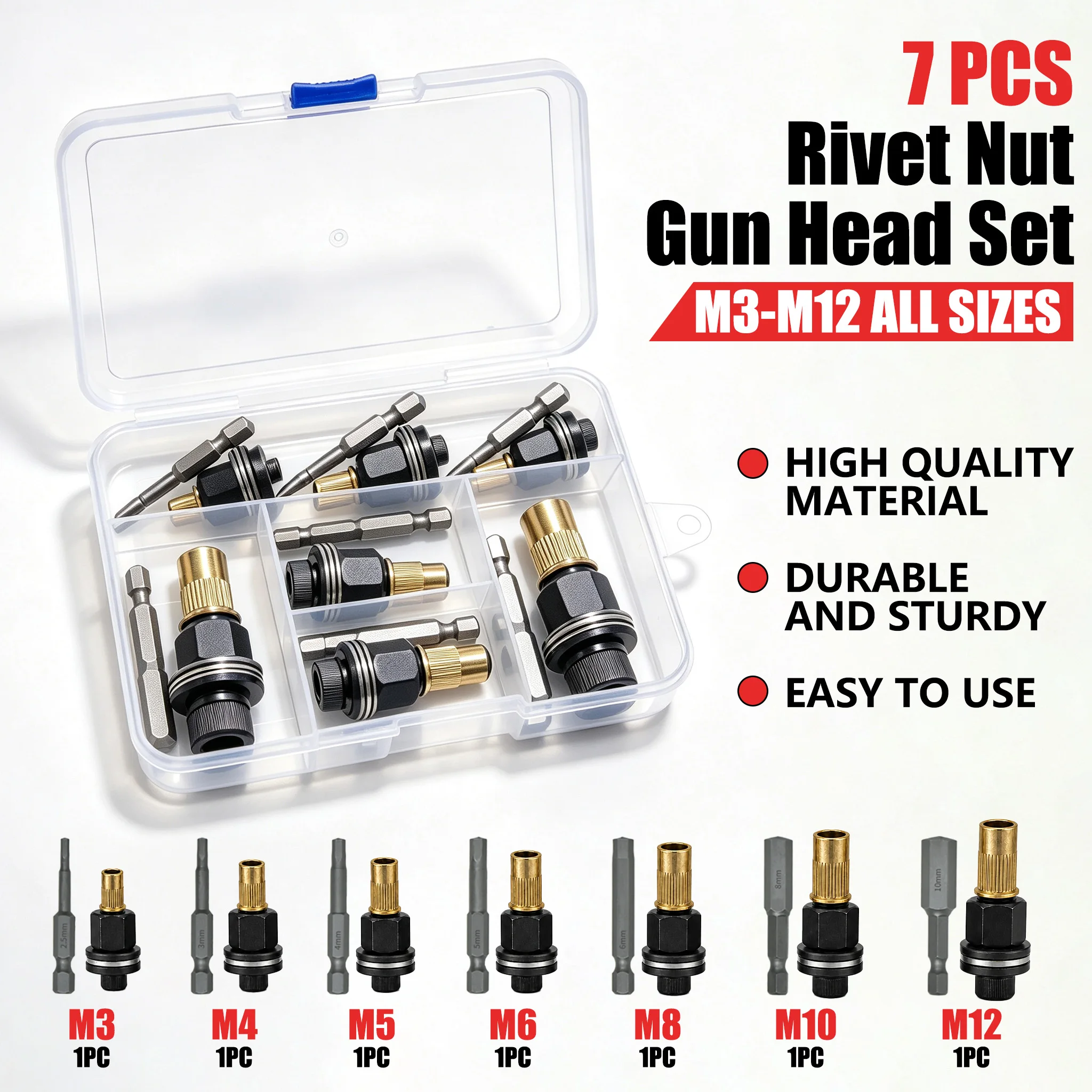 7pcs Set Rivet Nut Tool Adapter, M3-M12 Multi-Specification Electric Drill Converter, Suitable for Hand Drills