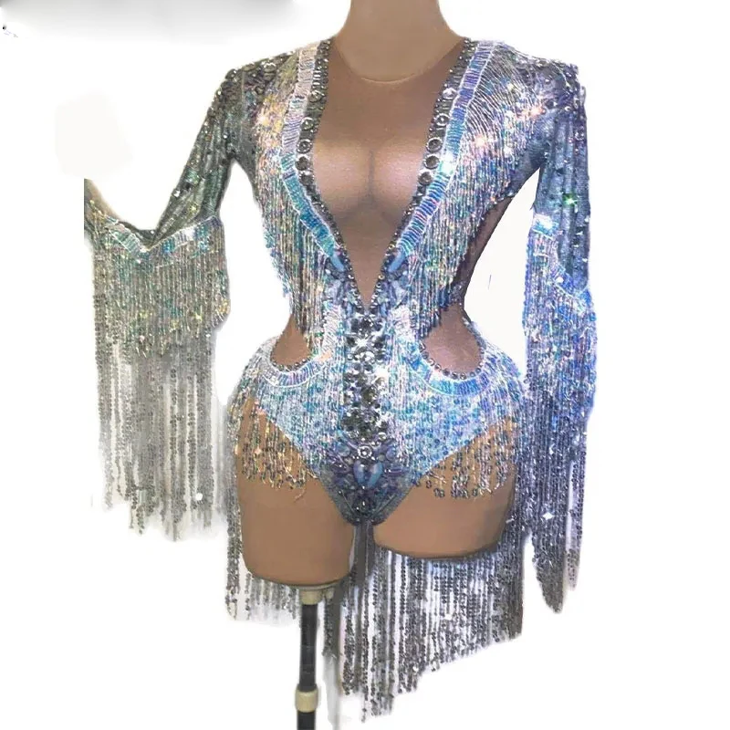 

Sparkling Silver Rhinestone Sequin Tassel Party Bodysuit Women Stretch Dance Fringes Jumpsuit Club Bar Singer Leotard Stage Wear