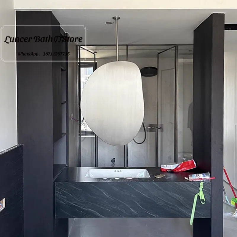 Luxury Suspended Rod Bathroom Mirror, Wall-mounted Irregular Shape Floating Mirror for Vanity Washbasin
