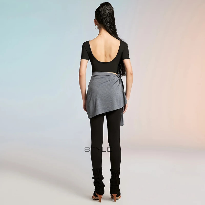 Neue Frauen Latin Dance Kleidung Für Ausbildung Kurzarm Schwarz Top Praxis Hosen Grau Hüfte Handtuch Weibliche Latin Dancewear AMY3157