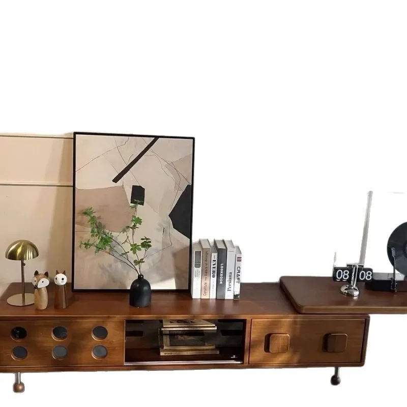 

Living room TV cabinet Small apartment telescopic solid wood storage cabinet combination French retro household medieval