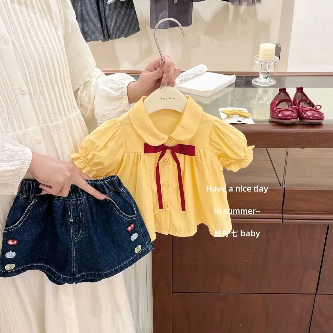 

Girls Summer Outfit Set 2026 New Style Children Baby Fashion Doll Shirt + Denim Shorts Two-Piece Set