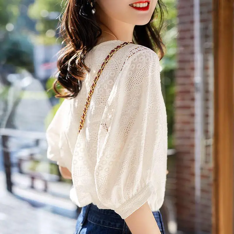 2024 Fashion Summer Embroidery Cotton Lace O-neck Casual Blouses New Korean Women\'s Lantern Sleeve Loose Shirts Clothes 13440