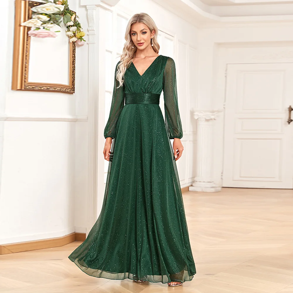 

Lady Shiny Chiffon Evening Gown Elegant V Neck A-Line Wedding Party Bridesmaid Dress Long Sleeve Green Dress Women Evening Wear