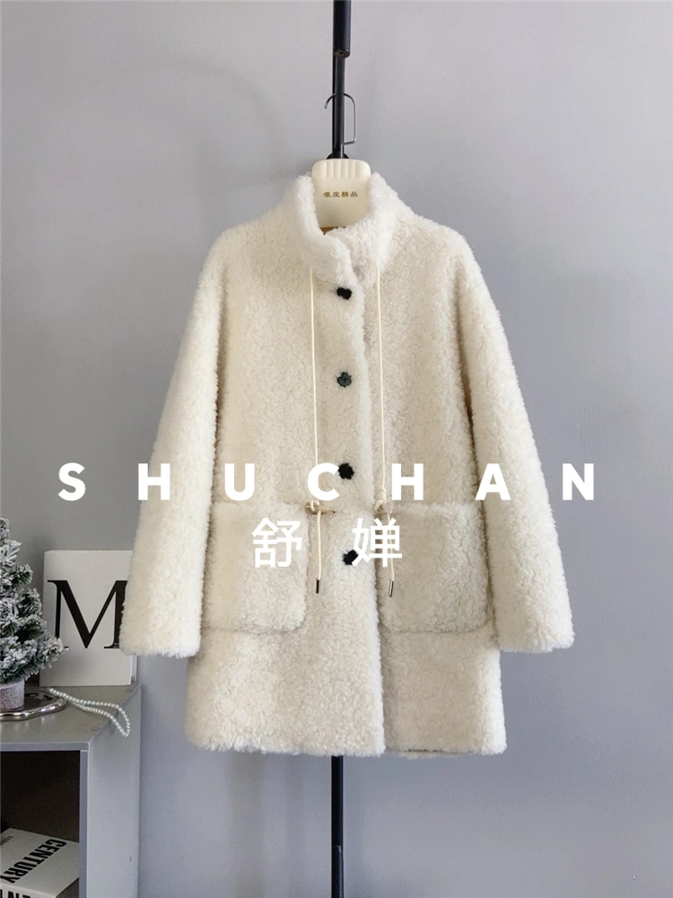 معطف صوف 100% للنساء جديد دافئ من صوف الضأن والفرو المتكامل بياقة واقفة وإبزيم معطف صوف متوسط وطويل للنساء #5